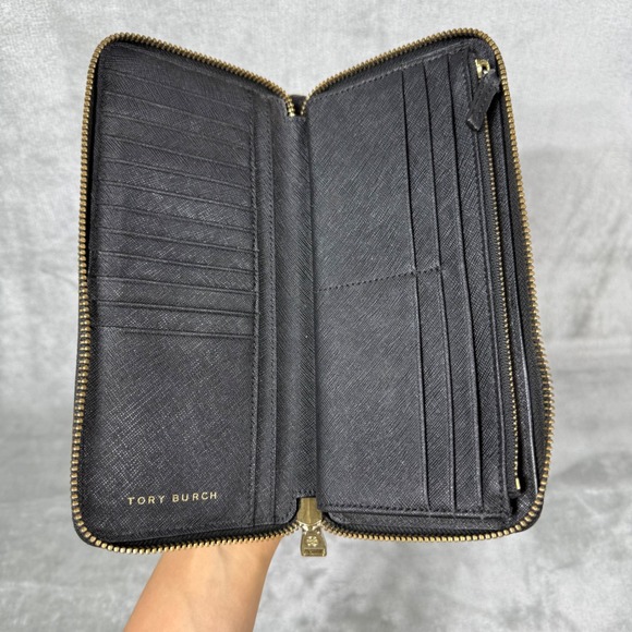 Tory Burch Large Continental Zip around Wallet Black Saffiano Leather - Picture 1 of 16
